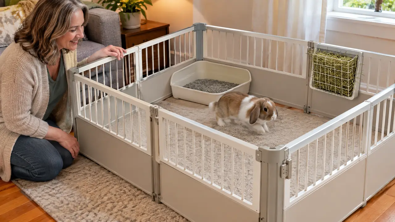 A rabbit running laps inside a small pet playpen with a litter box and a hay rack inside.