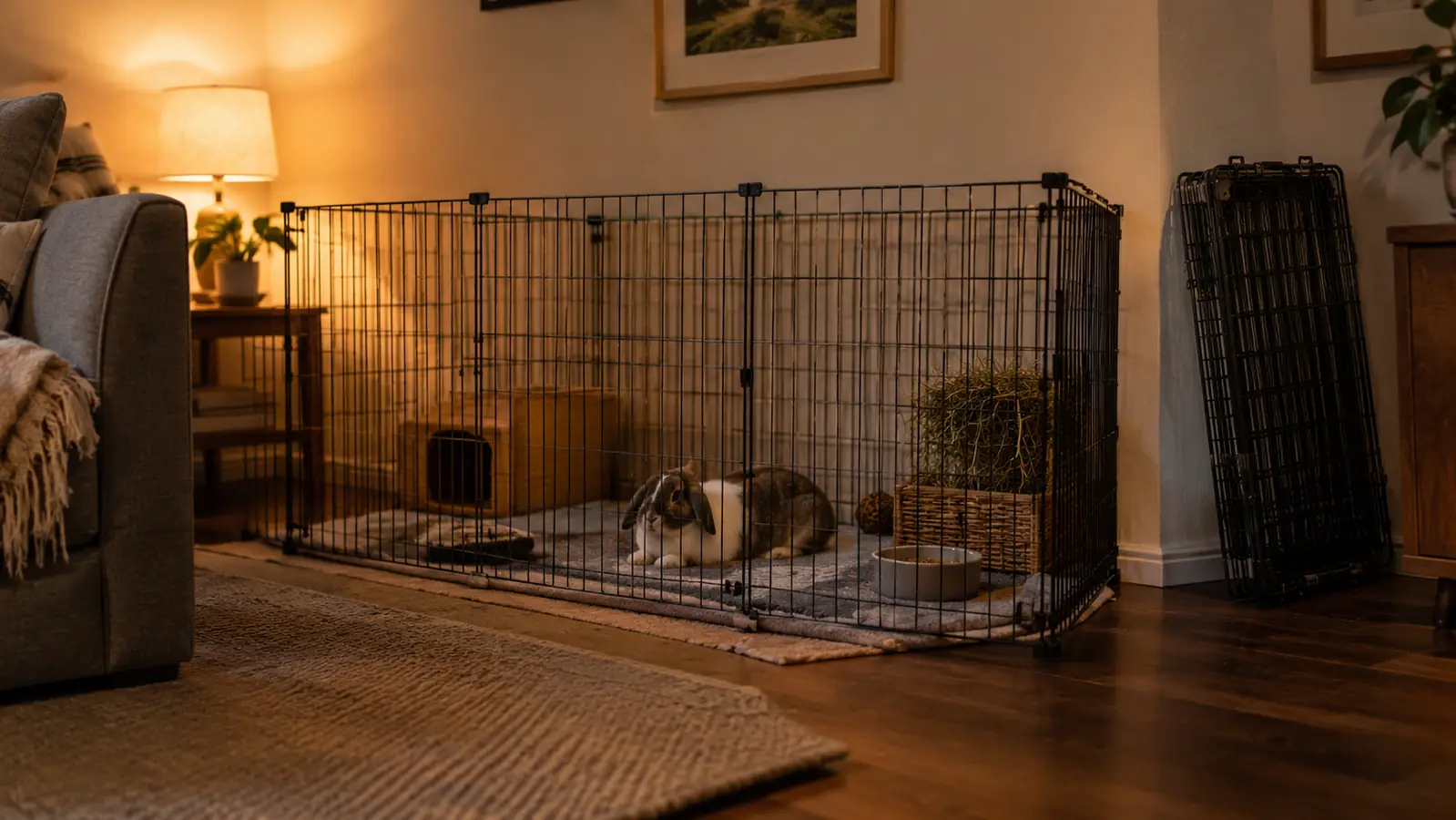 A rabbit resting on a mat inside a playpen set up against a living room wall in the evening.