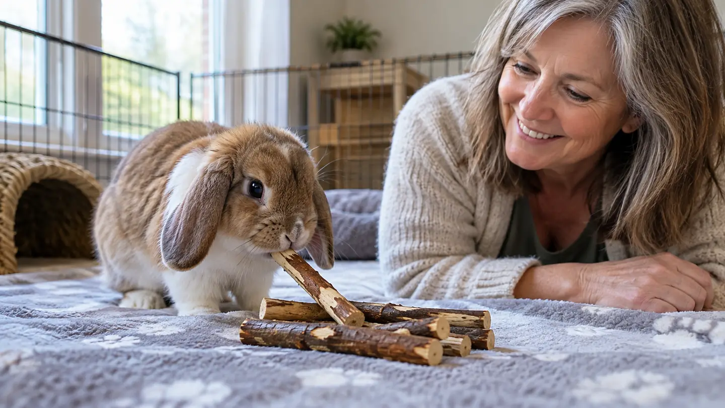 A rabbit nibbling the bark off an apple stick held between its front paws