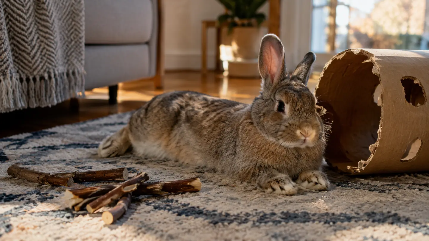 A rabbit relaxing on a rug next to a cardboard tunnel with a few apple sticks on the floor nearby