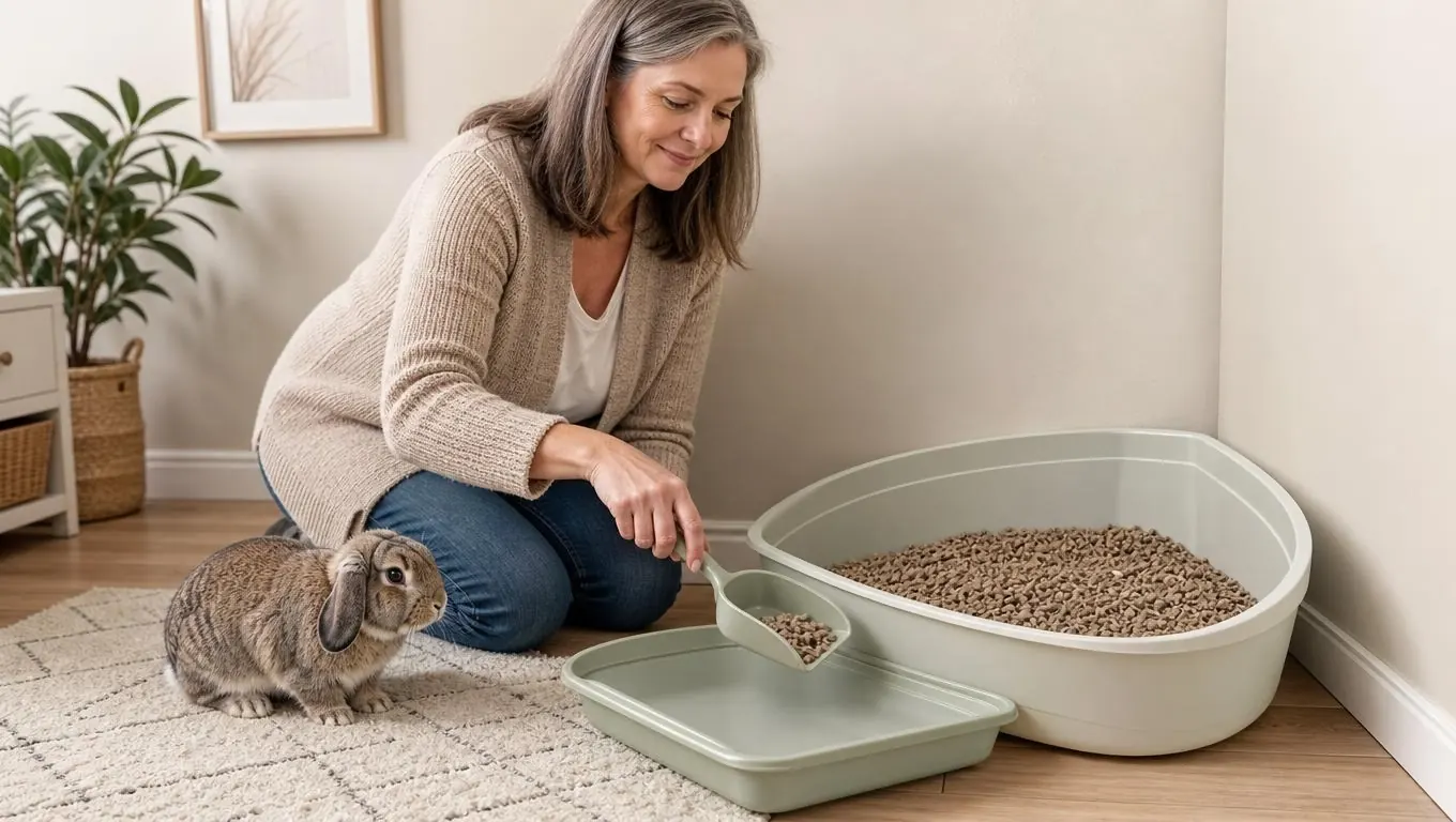 A hand scooping soiled paper pellet litter from a rabbit litter box into a small trash bin