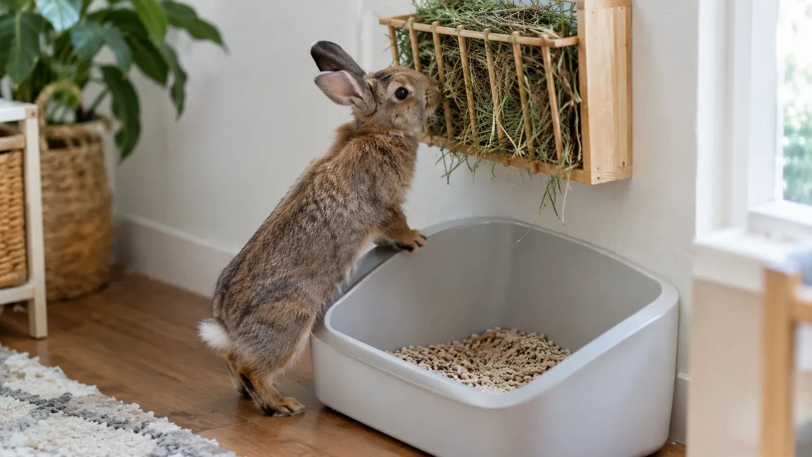 A rabbit eating hay from a rack mounted above a litter box filled with paper pellets