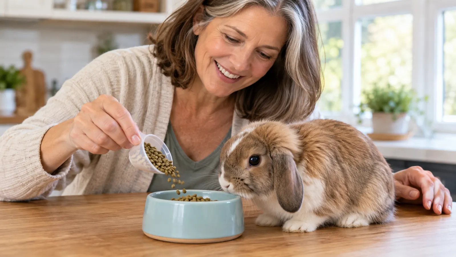 A hand sprinkling a small scoop of pellets into a rabbit's bowl