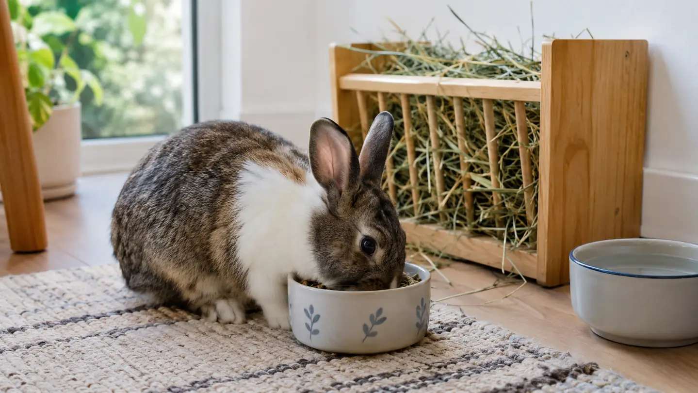 A rabbit eating pellets from a bowl on the floor
