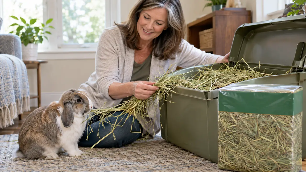 a rabbit reaching into a hay bin filled with long strands of hay