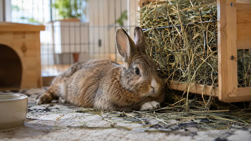 a rabbit resting beside a full hay rack in an indoor pen