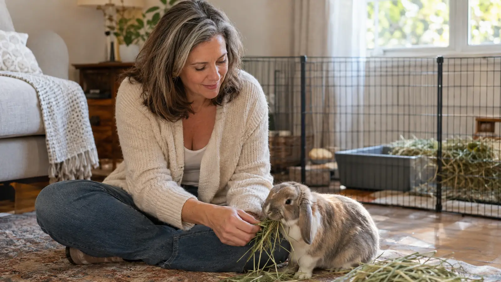 A rabbit nibbling fresh timothy hay beside a tidy litter box inside a roomy indoor pen in a sunny living room