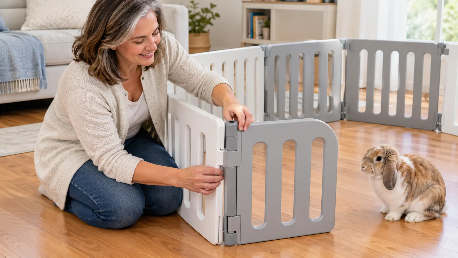 Hands adjusting a playpen panel on a living room floor while a rabbit watches from nearby
