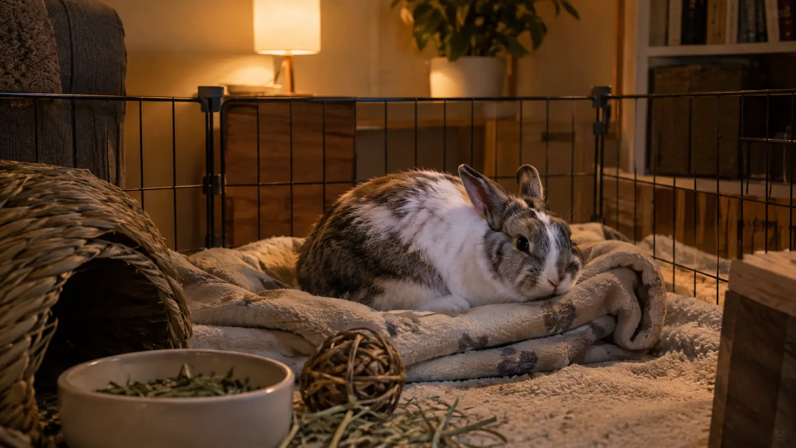 A rabbit resting on a folded blanket inside a playpen in a quiet room