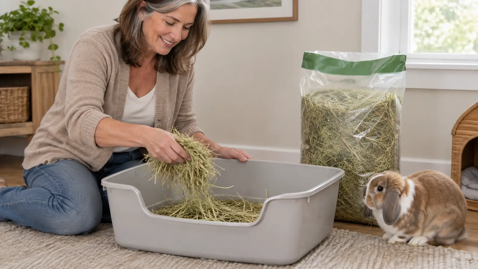 A hand filling a clean litter box with a large handful of loose hay