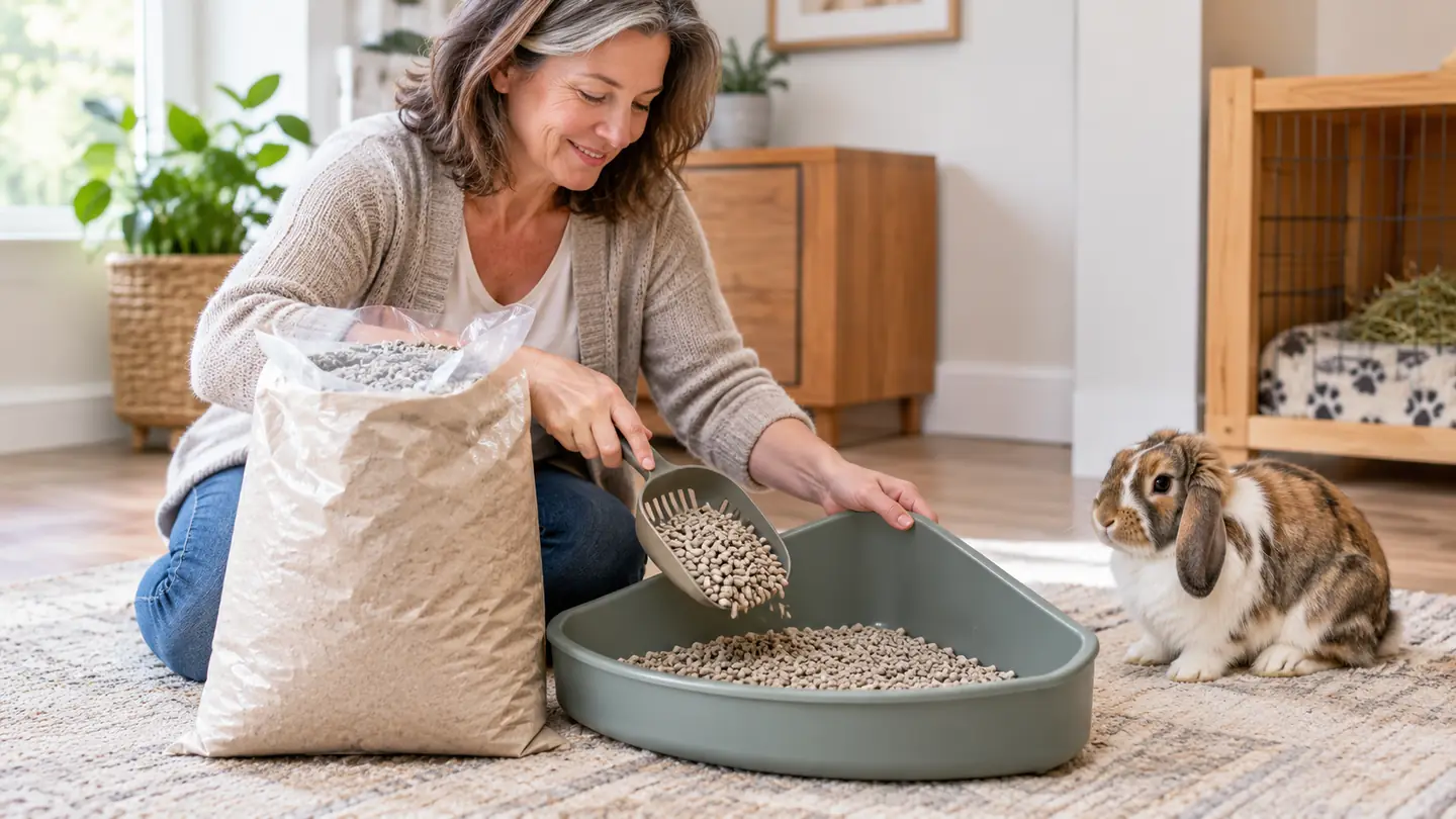 Hands scooping recycled paper pellets from a bag into a corner litter pan