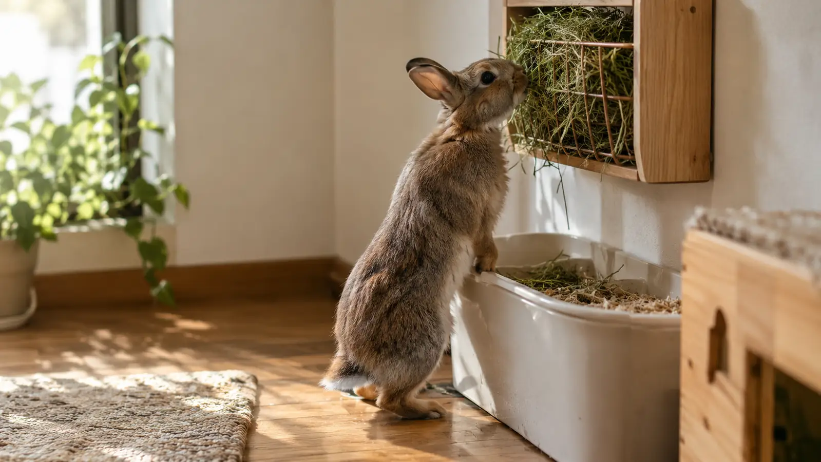 A rabbit standing at a litter box eating hay from a small hay rack