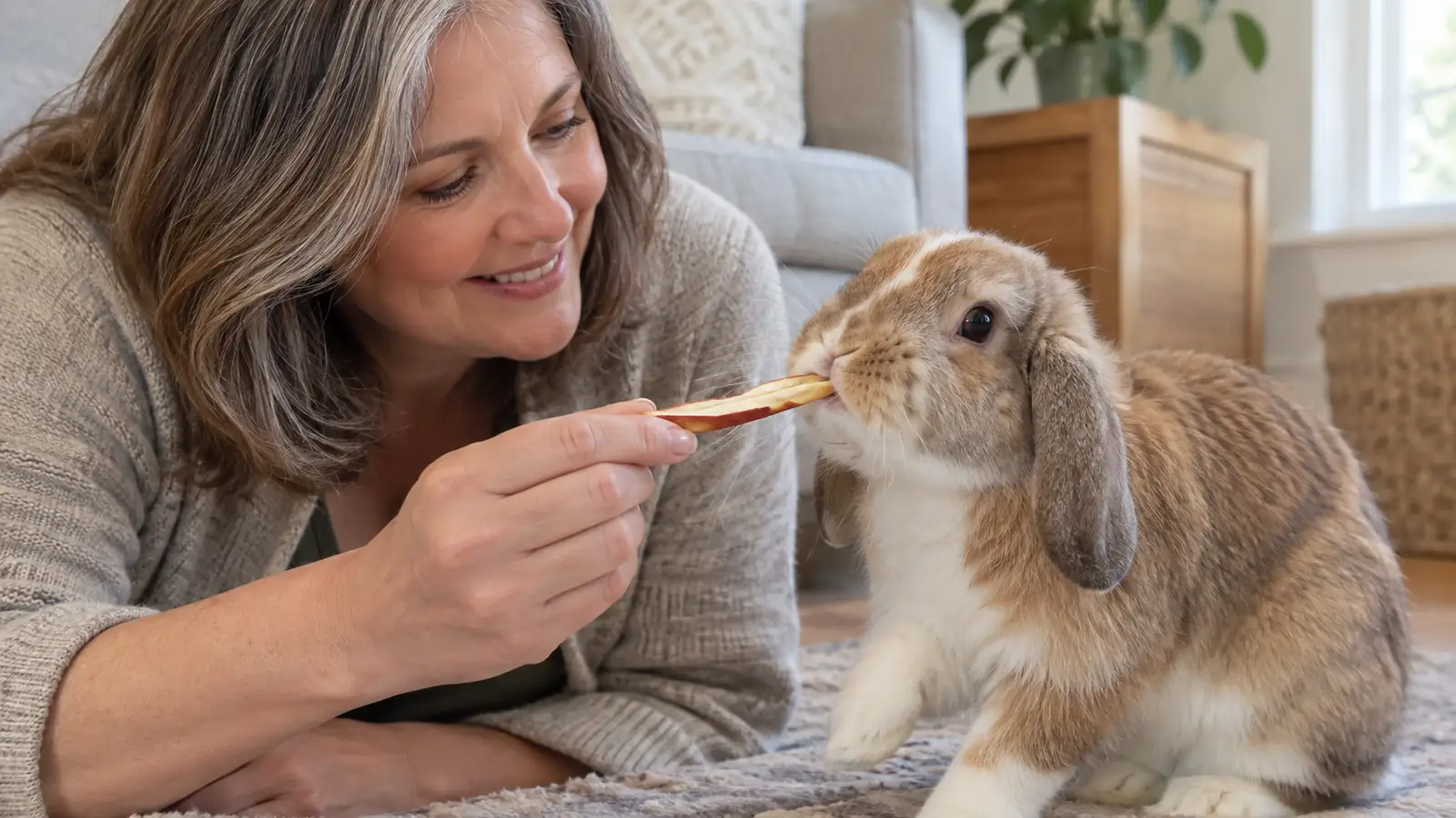 a hand offering an apple stick to a rabbit
