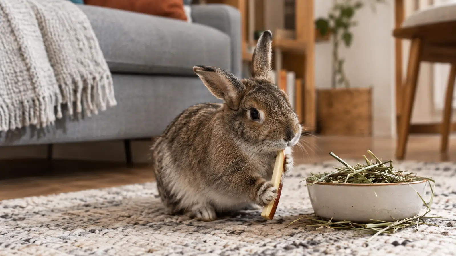 a rabbit chewing an apple stick on a rug in a living room
