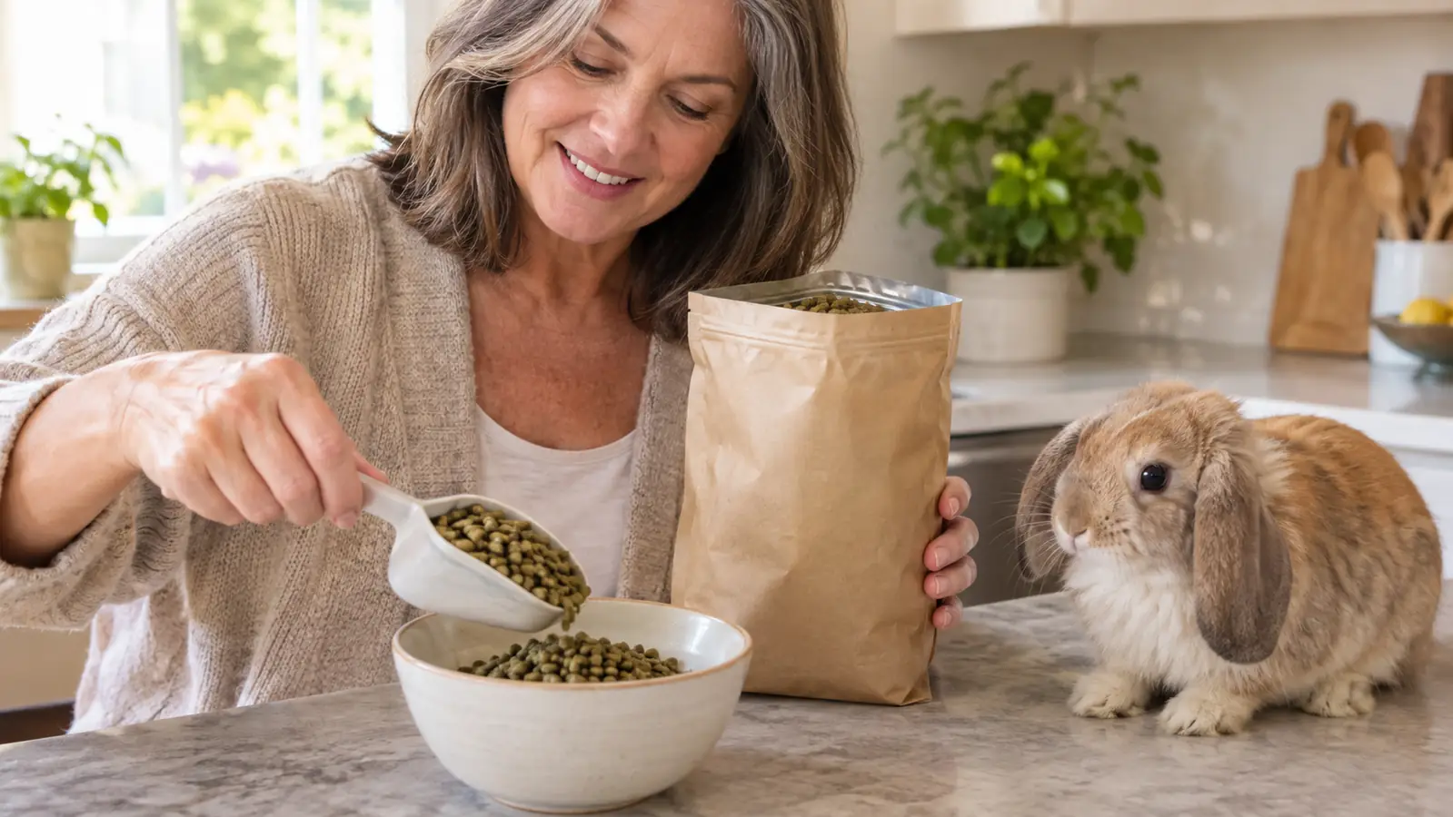 A hand scooping plain pellets into a ceramic bowl while a rabbit watches nearby