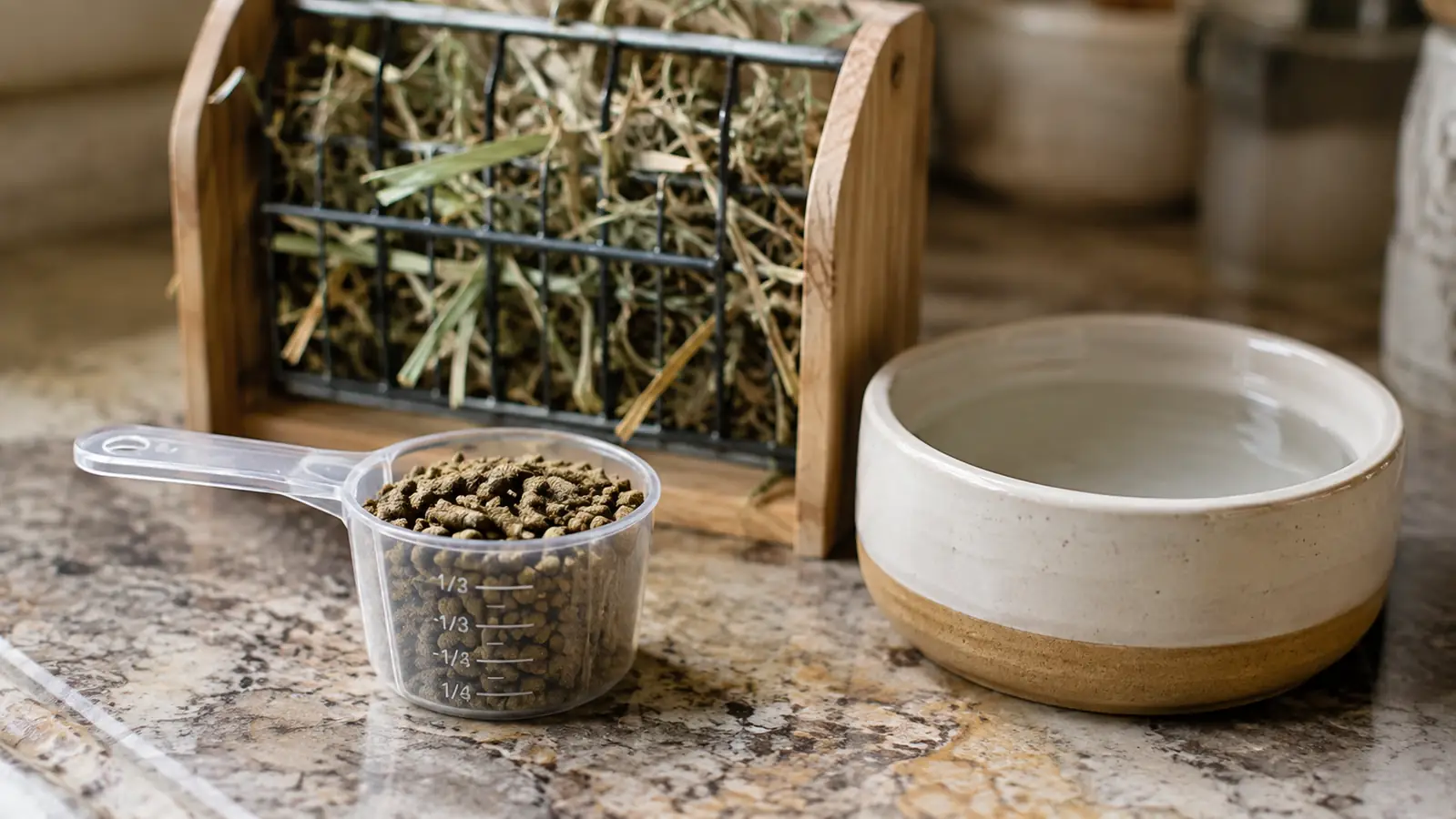 A small measuring cup of plain pellets beside a hay rack and a water bowl on a kitchen counter