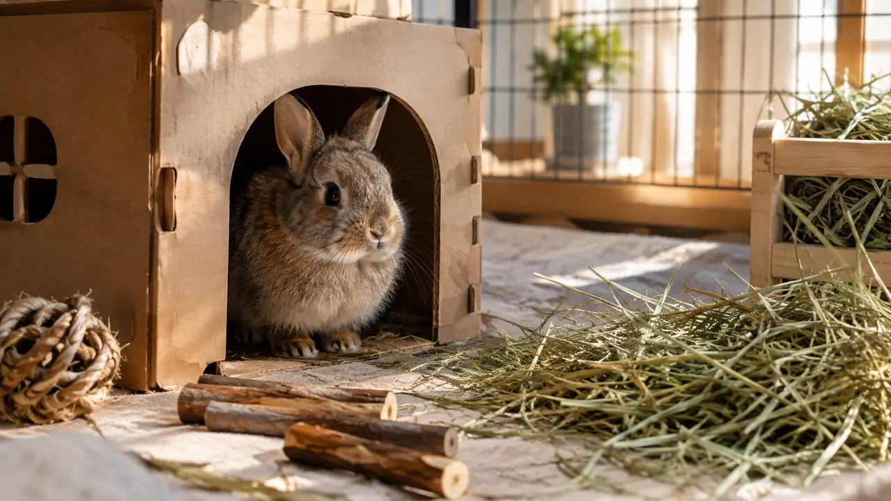 A small rabbit sitting in a cardboard hideout inside an indoor pen with wooden chew sticks and hay on the floor