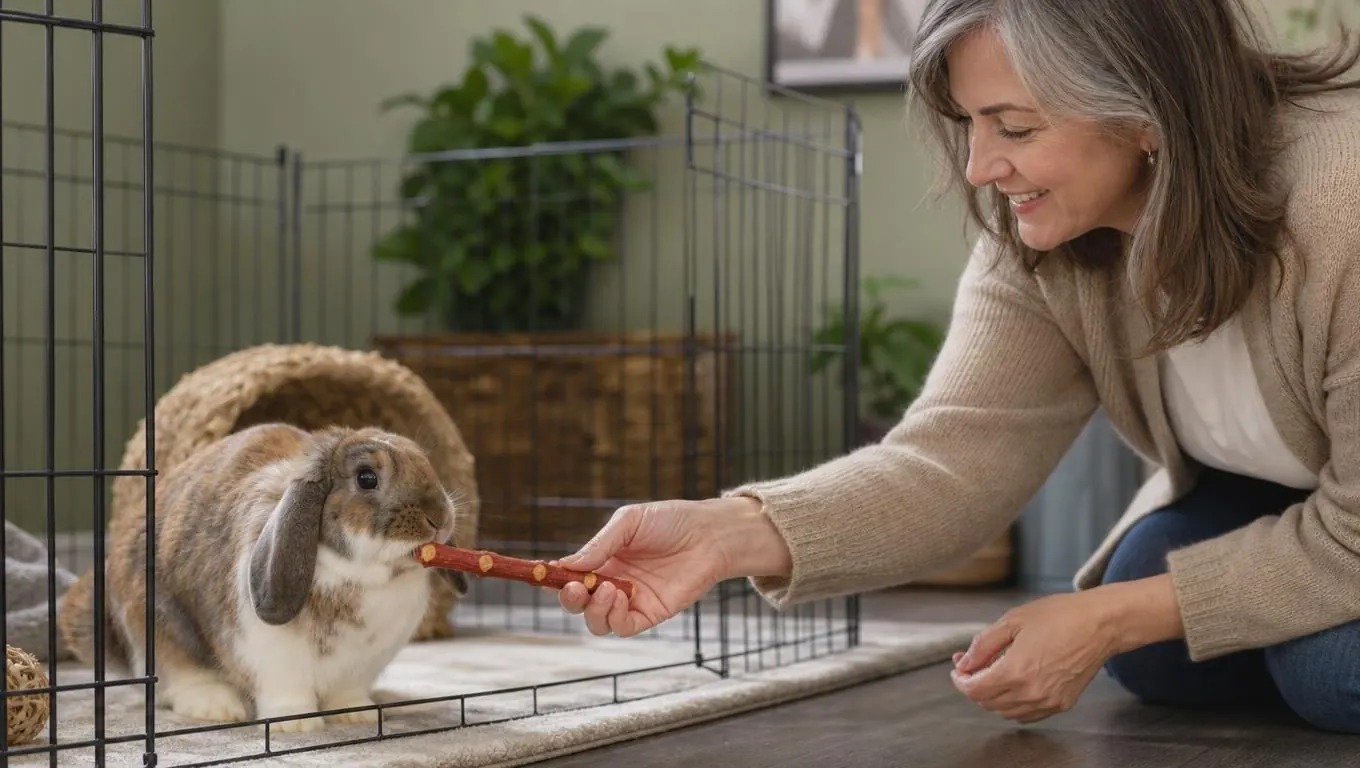 A hand offering an apple orchard stick to a rabbit at the edge of a pen