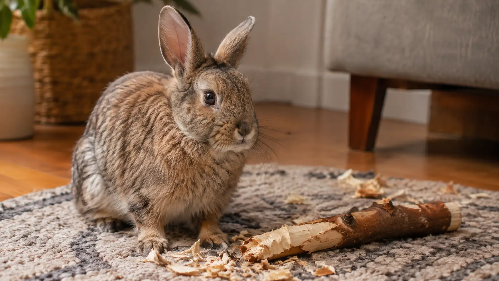 A rabbit sitting beside a half chewed apple wood stick and a few small wood pieces on a rug