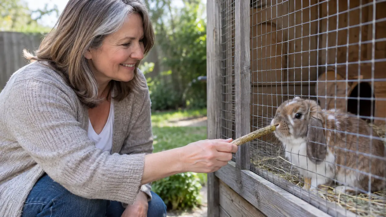 A hand offering an apple orchard stick to a rabbit through the bars of a pen