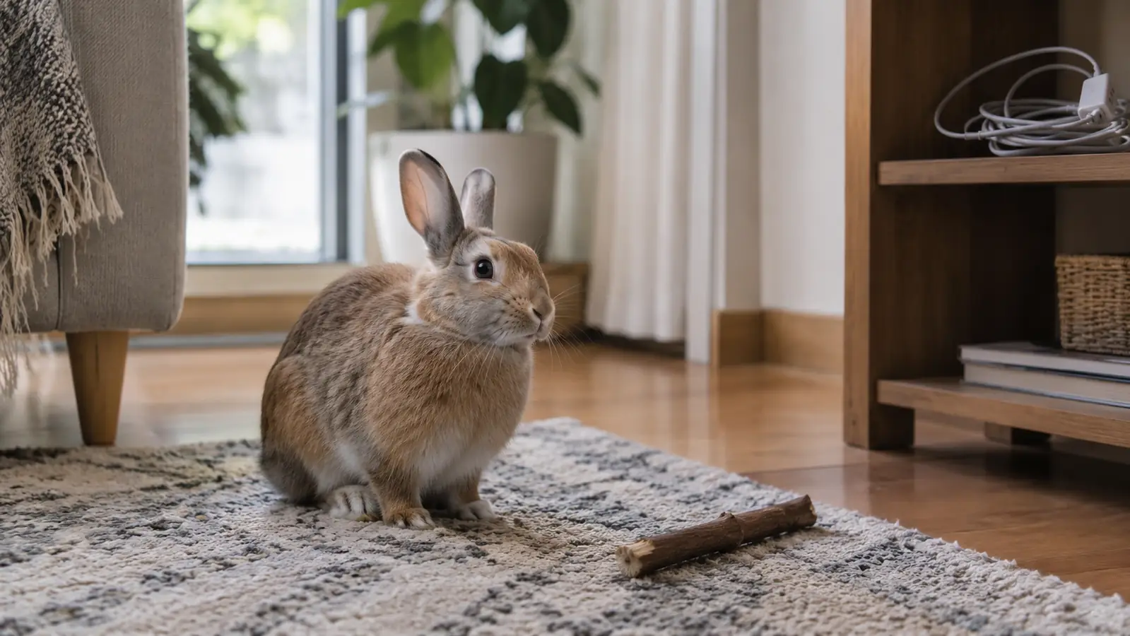 A rabbit on a rug with a wooden chew stick on the floor, a phone charger cord coiled on a shelf out of reach