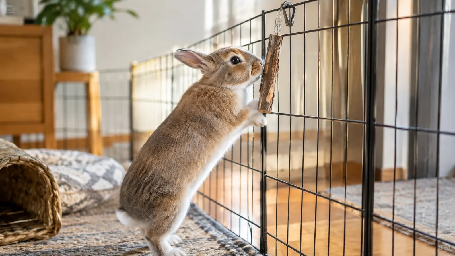 A rabbit standing on its hind legs reaching for a wood stick hanging from a clip on a pen panel