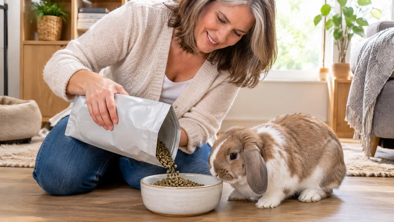 A hand pouring a small scoop of plain pellets into a bowl while a rabbit approaches