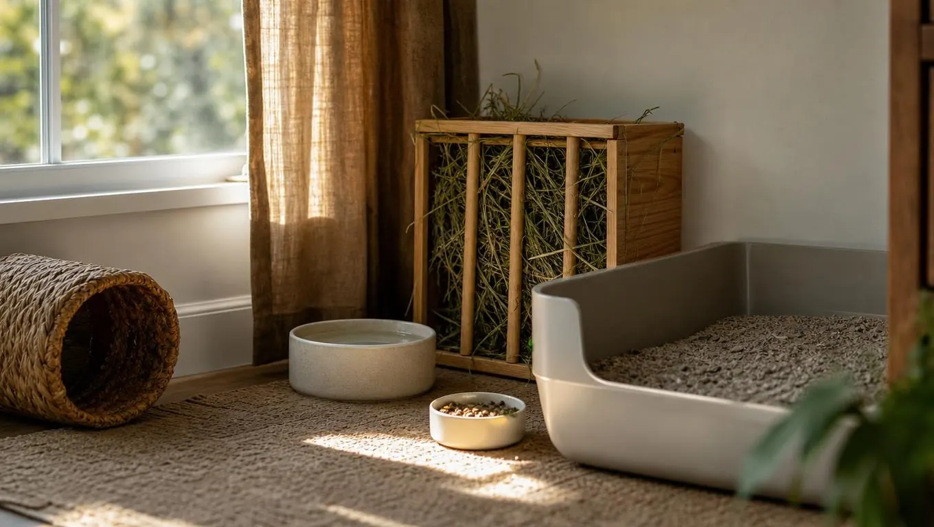 A tidy indoor rabbit corner with a hay rack, water bowl and pellet dish