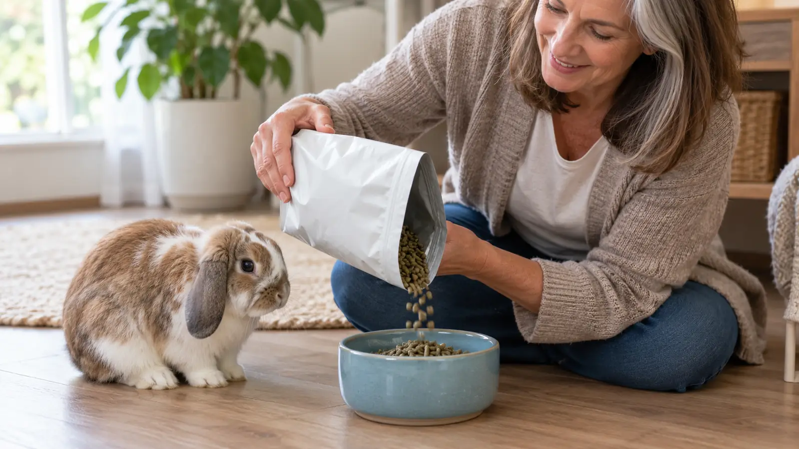 A hand sprinkling a small measured handful of pellets from the bag into a ceramic bowl on an indoor floor
