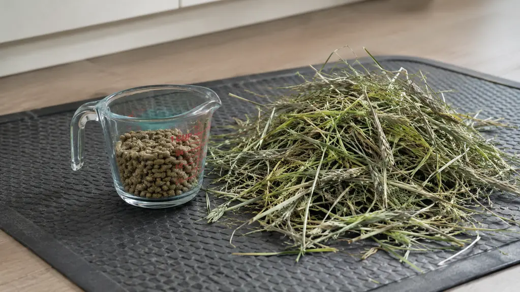 A glass measuring cup holding a modest serving of pellets next to a generous pile of loose hay on a feeding mat
