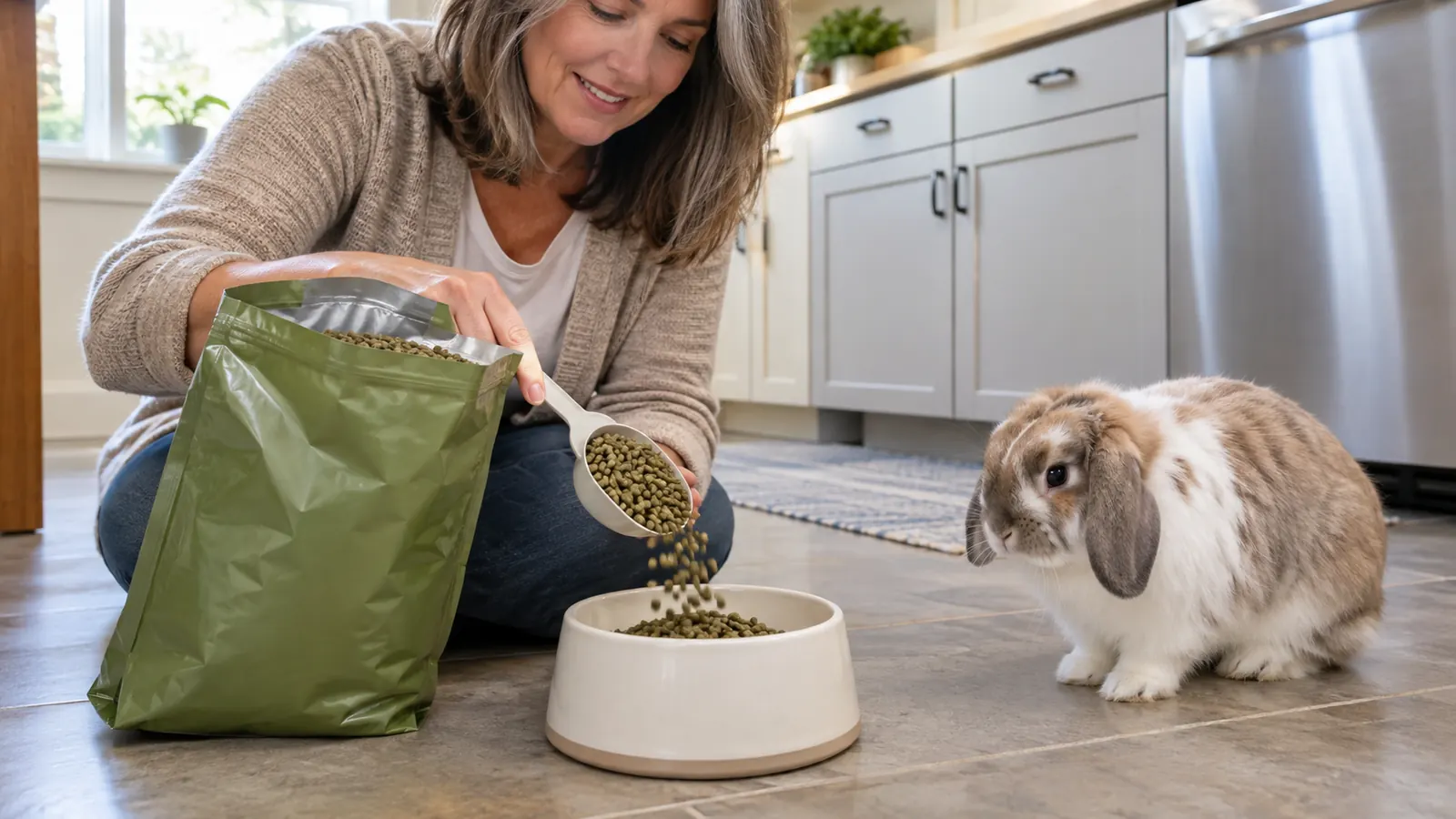 A hand measuring a quarter cup of pellets from an open bag into a ceramic bowl while a rabbit watches