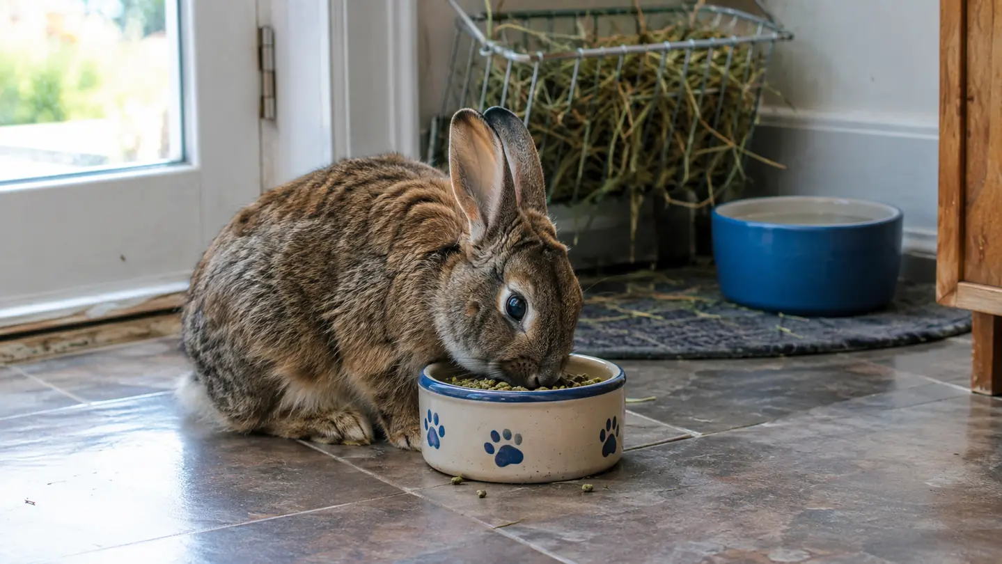 A rabbit eating pellets from a ceramic bowl on a kitchen floor with a hay rack and water bowl nearby