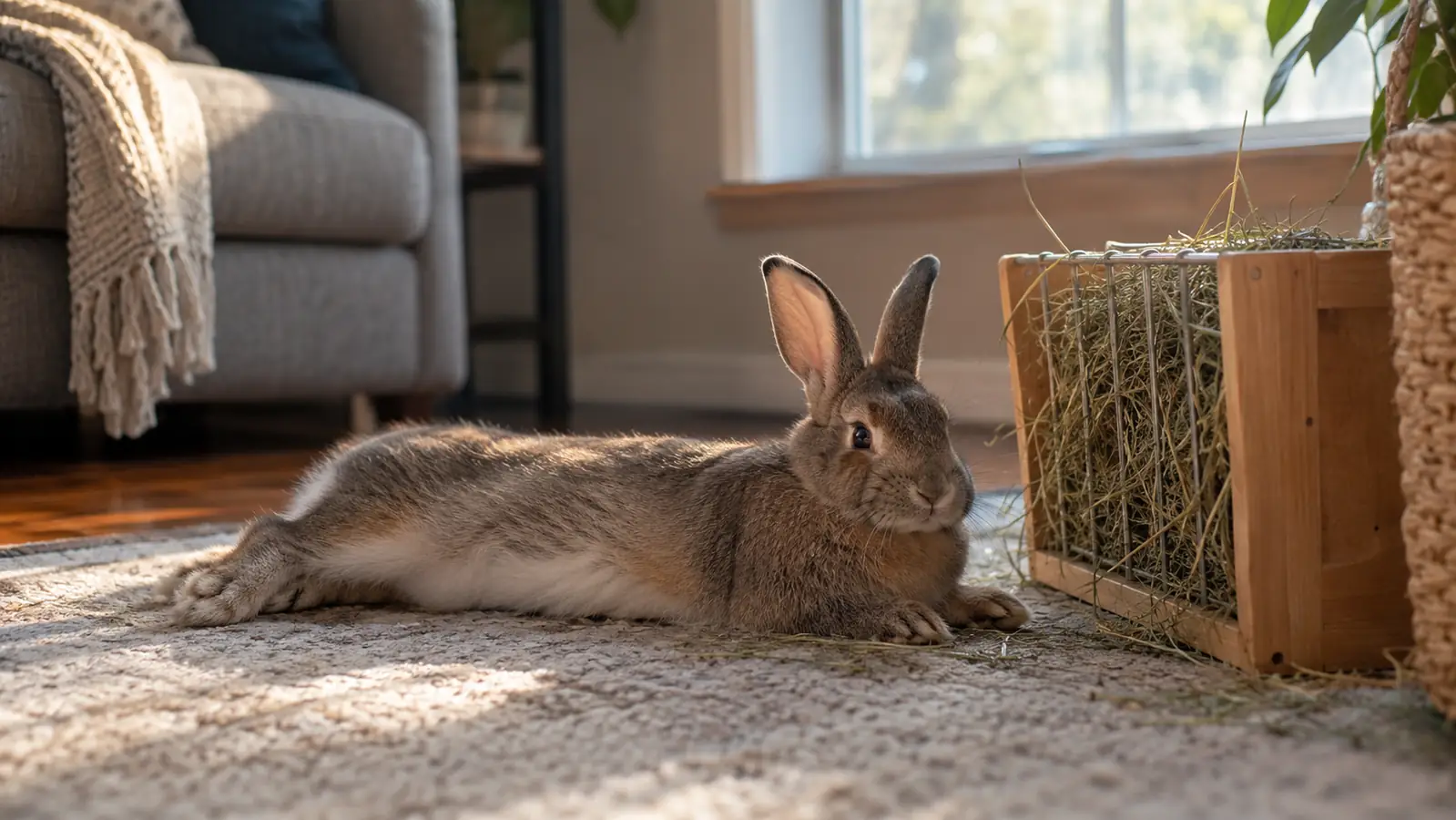 A rabbit stretched out on a rug beside a hay rack in the afternoon light