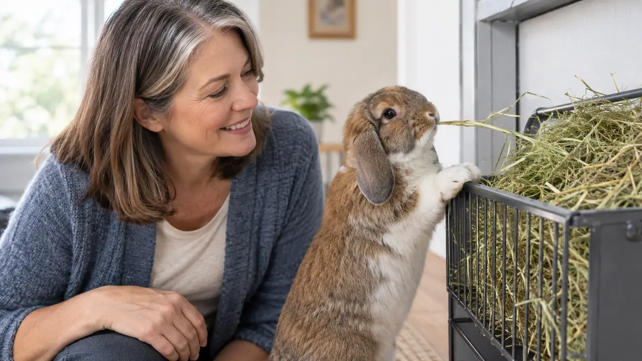 A rabbit pulling a stem of hay from a metal rack