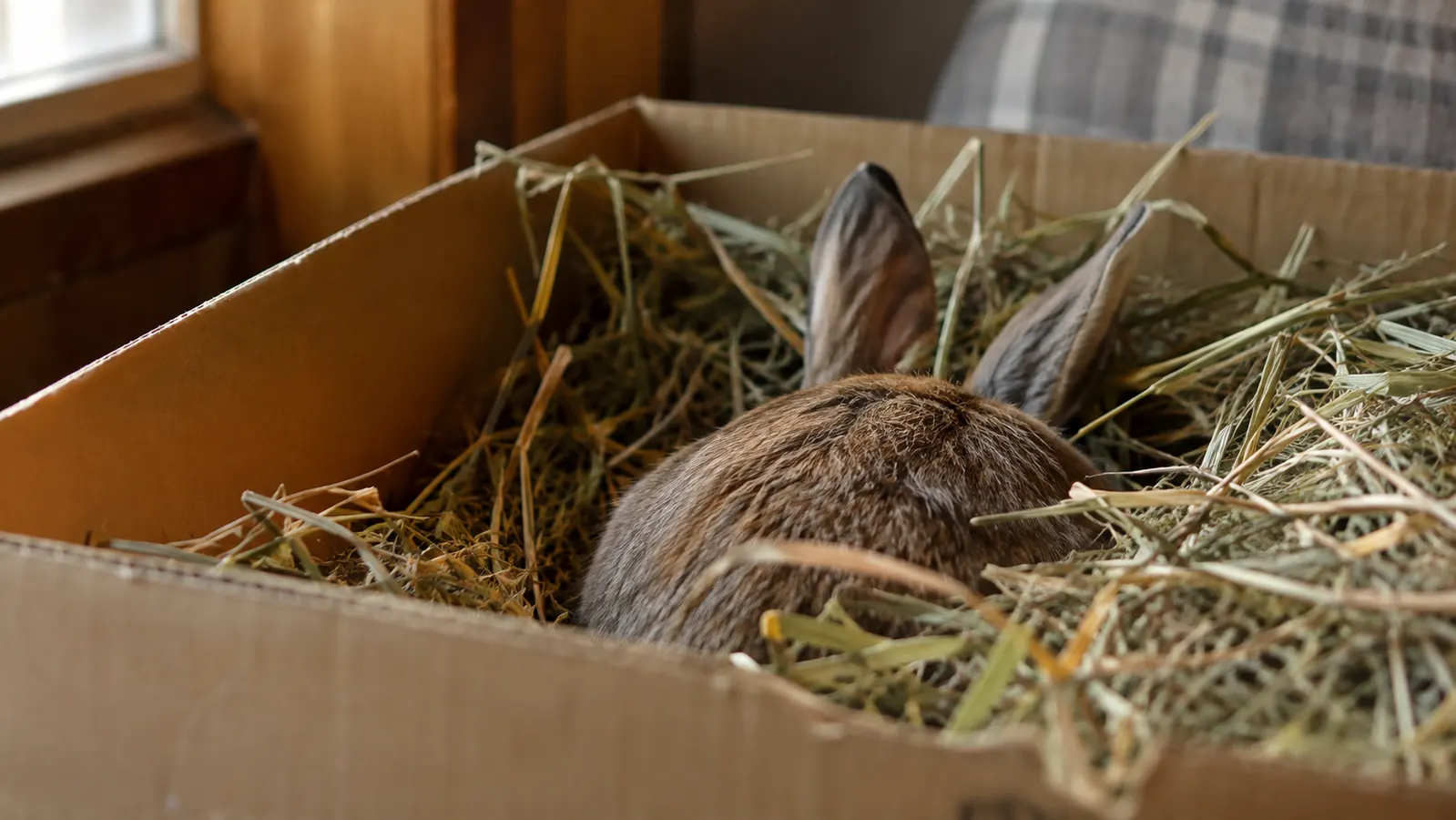 A rabbit burrowed into a box of loose hay