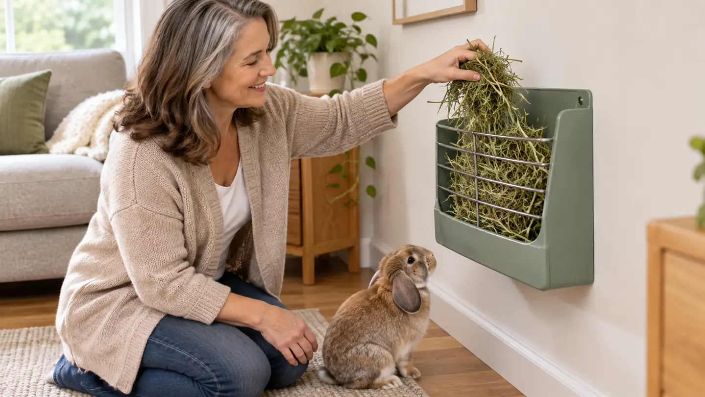 A hand adding a handful of loose hay to a wall-mounted rack while the rabbit watches from the floor