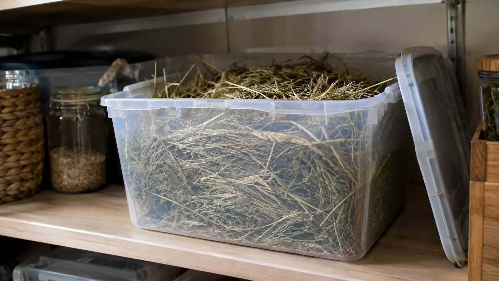 An open plastic storage bin filled with loose hay on a pantry shelf