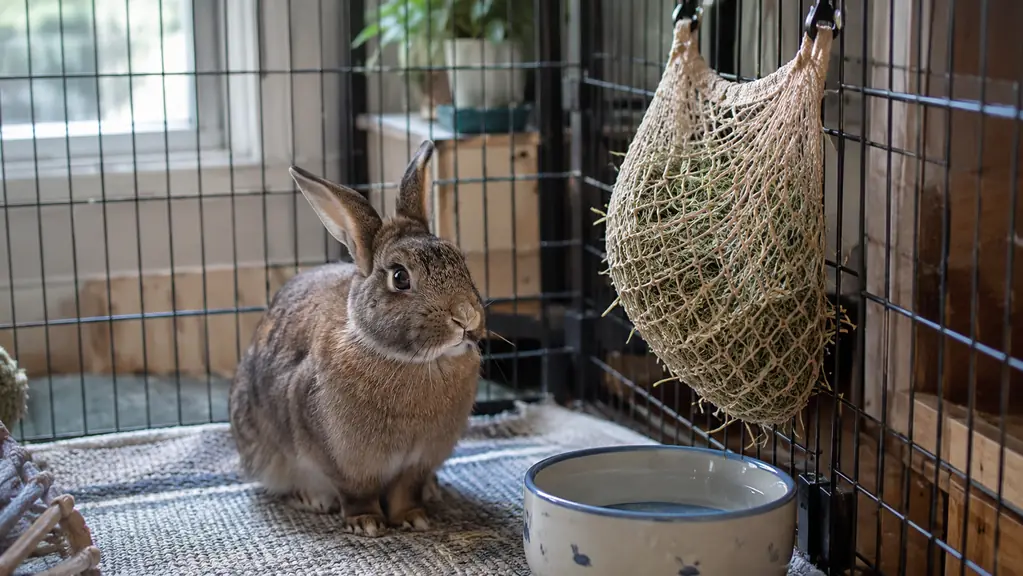 A mesh hay bag hanging inside a wire pen beside a ceramic water bowl