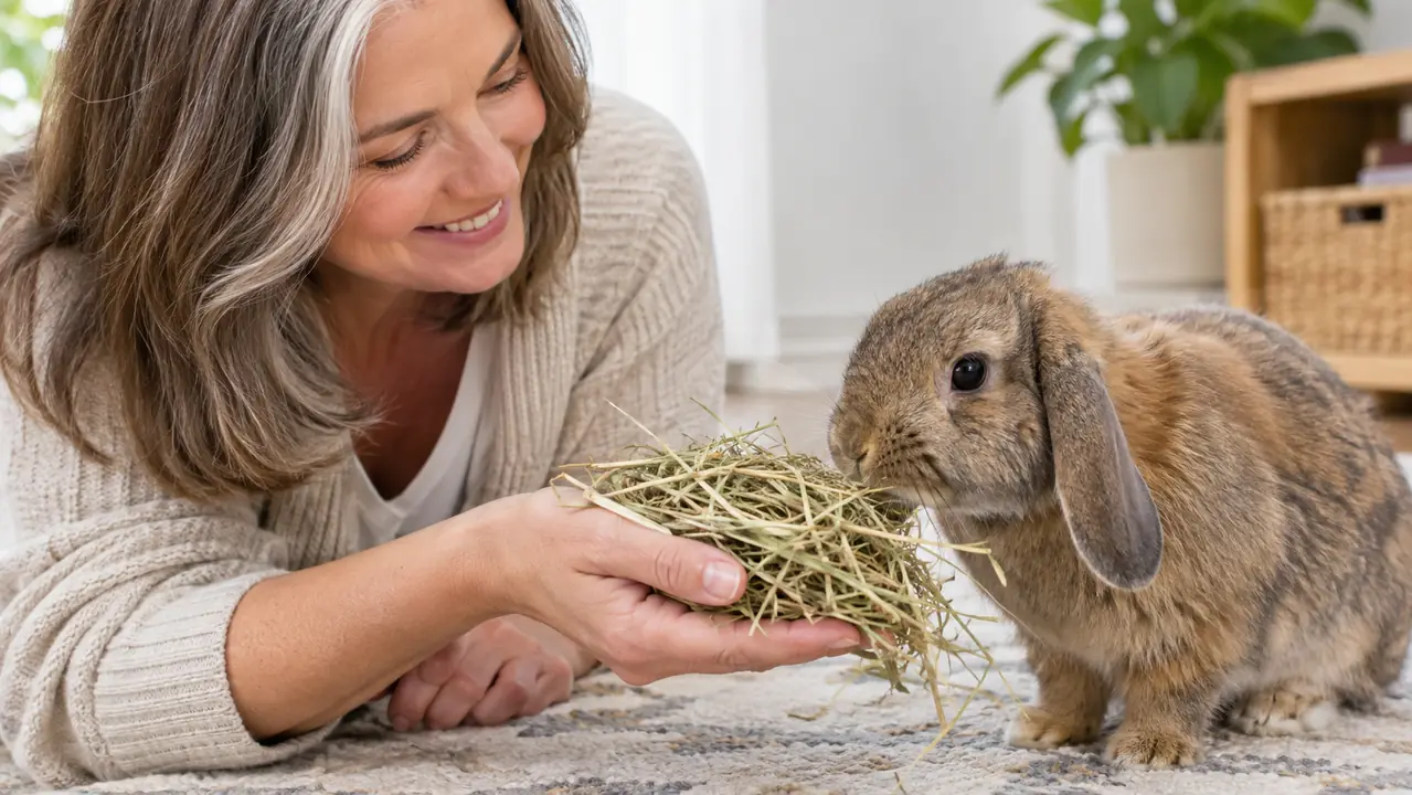 A hand offering a generous handful of loose hay to a small rabbit