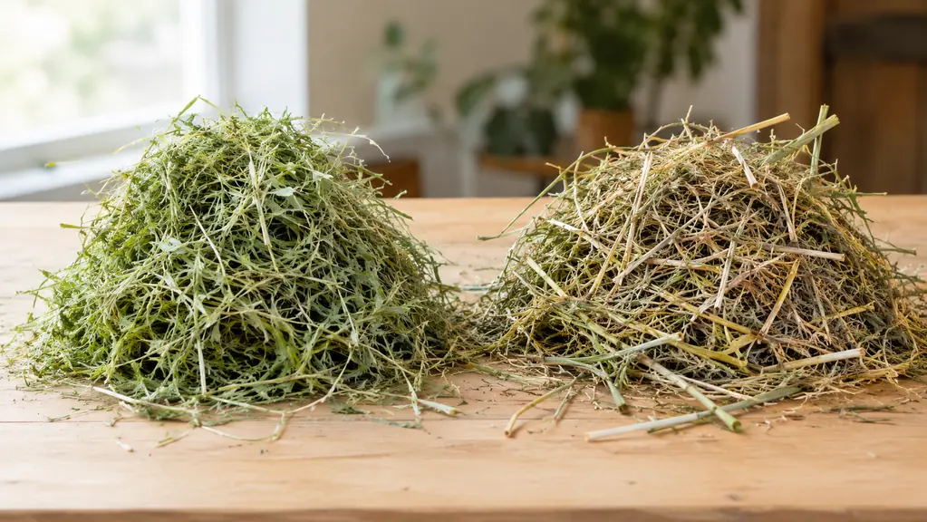 Two piles of loose hay side by side on a light wooden table