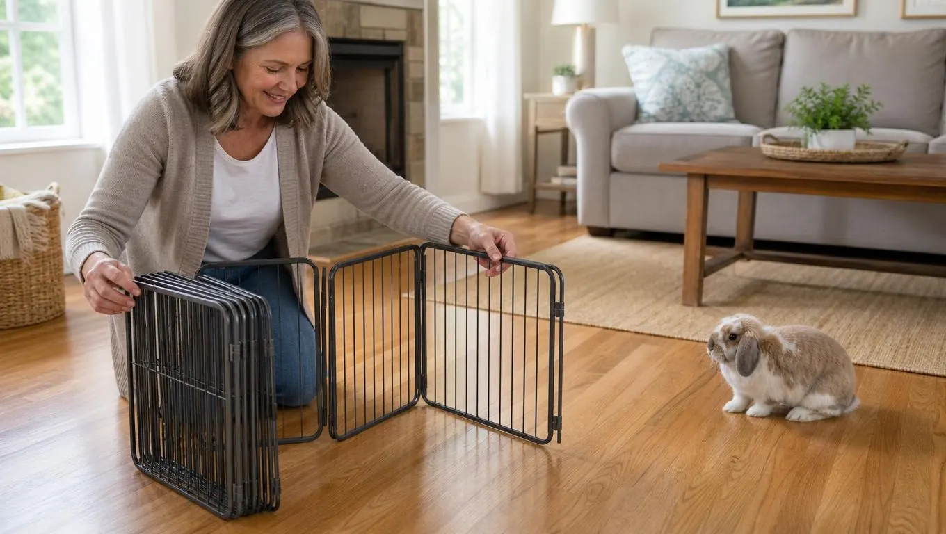 A person's hands setting up a folding exercise pen on a living room floor