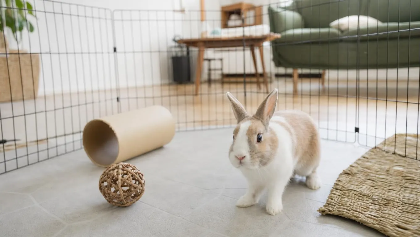 A rabbit with a cardboard tunnel and a chew toy inside a roomy exercise pen in a living room