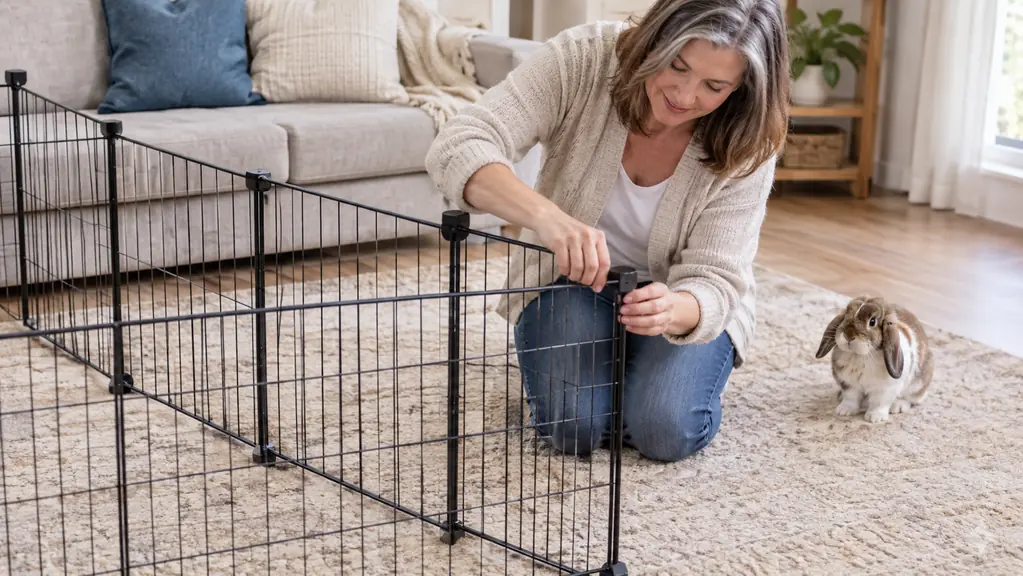Hands connecting wire playpen panels on a living room floor while a rabbit watches nearby