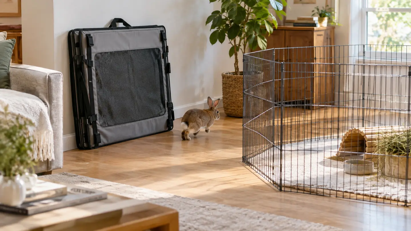 A folded fabric pet pen leaning against a living room wall beside a standing wire playpen
