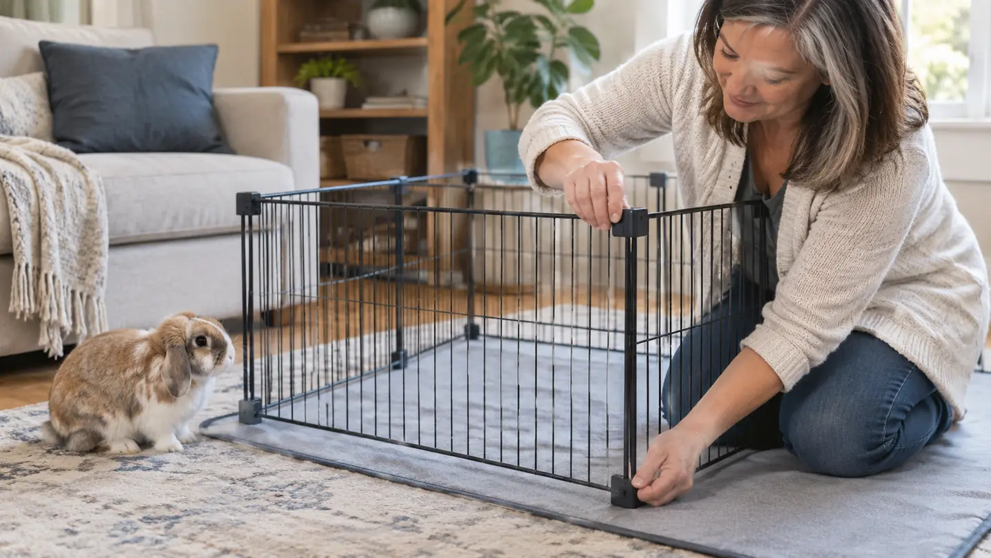 A hand adjusting a panel of a wire playpen on a living room floor while a rabbit watches from nearby