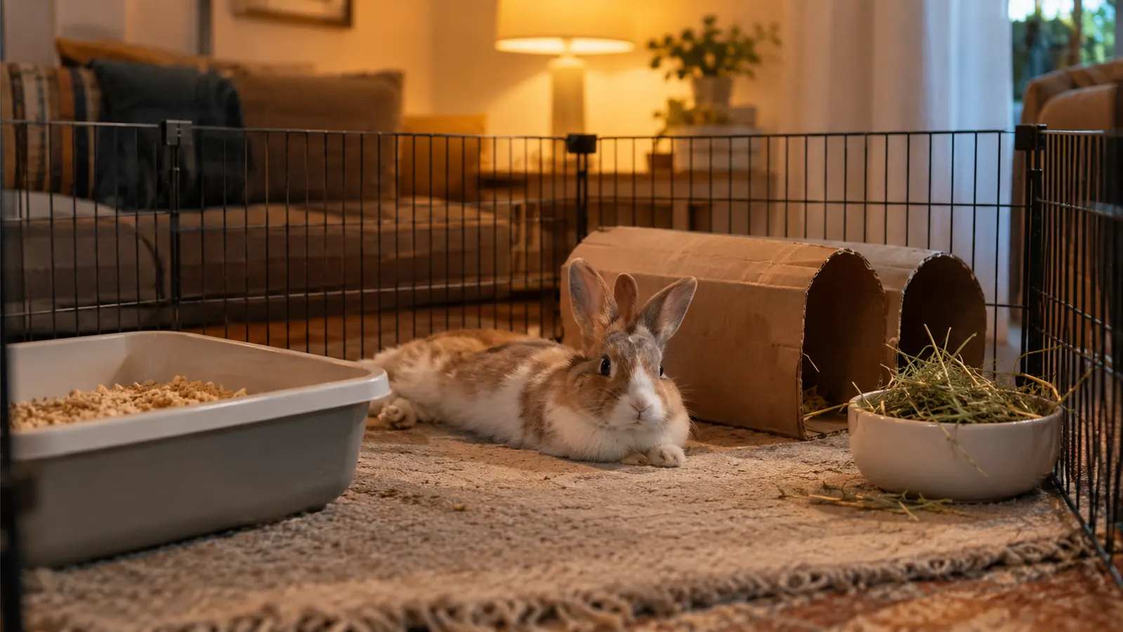 A rabbit resting inside a wire playpen in the evening, with a litter box, a cardboard tunnel, and a bowl of hay, lit by a warm lamp
