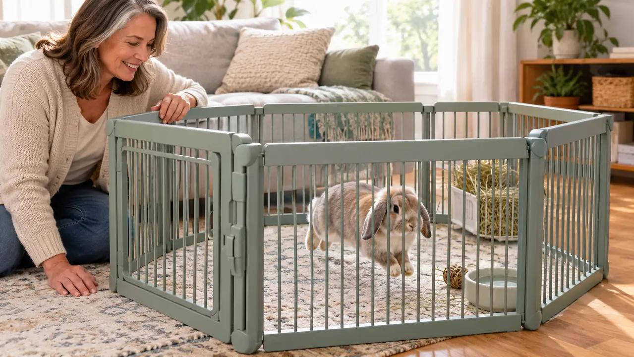A house rabbit mid-hop inside a small pet playpen set up on a living room rug
