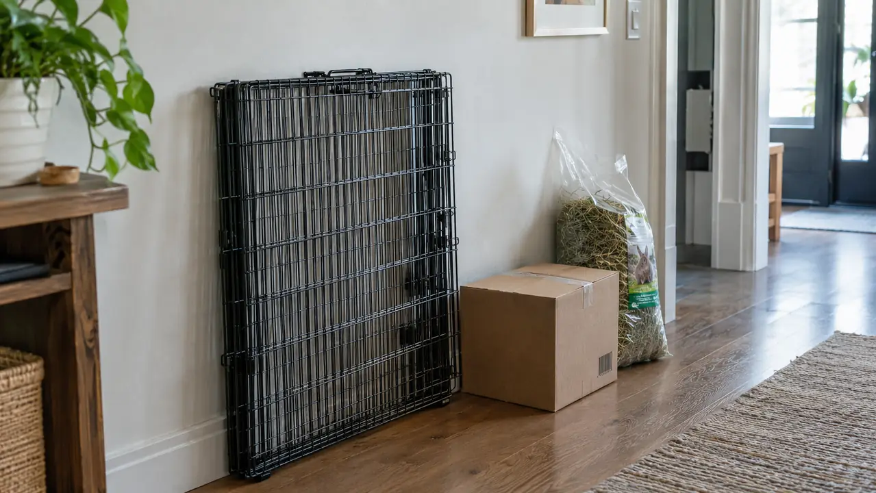A small pet playpen folded flat and leaning against a wall beside a cardboard hidey box and a bag of hay