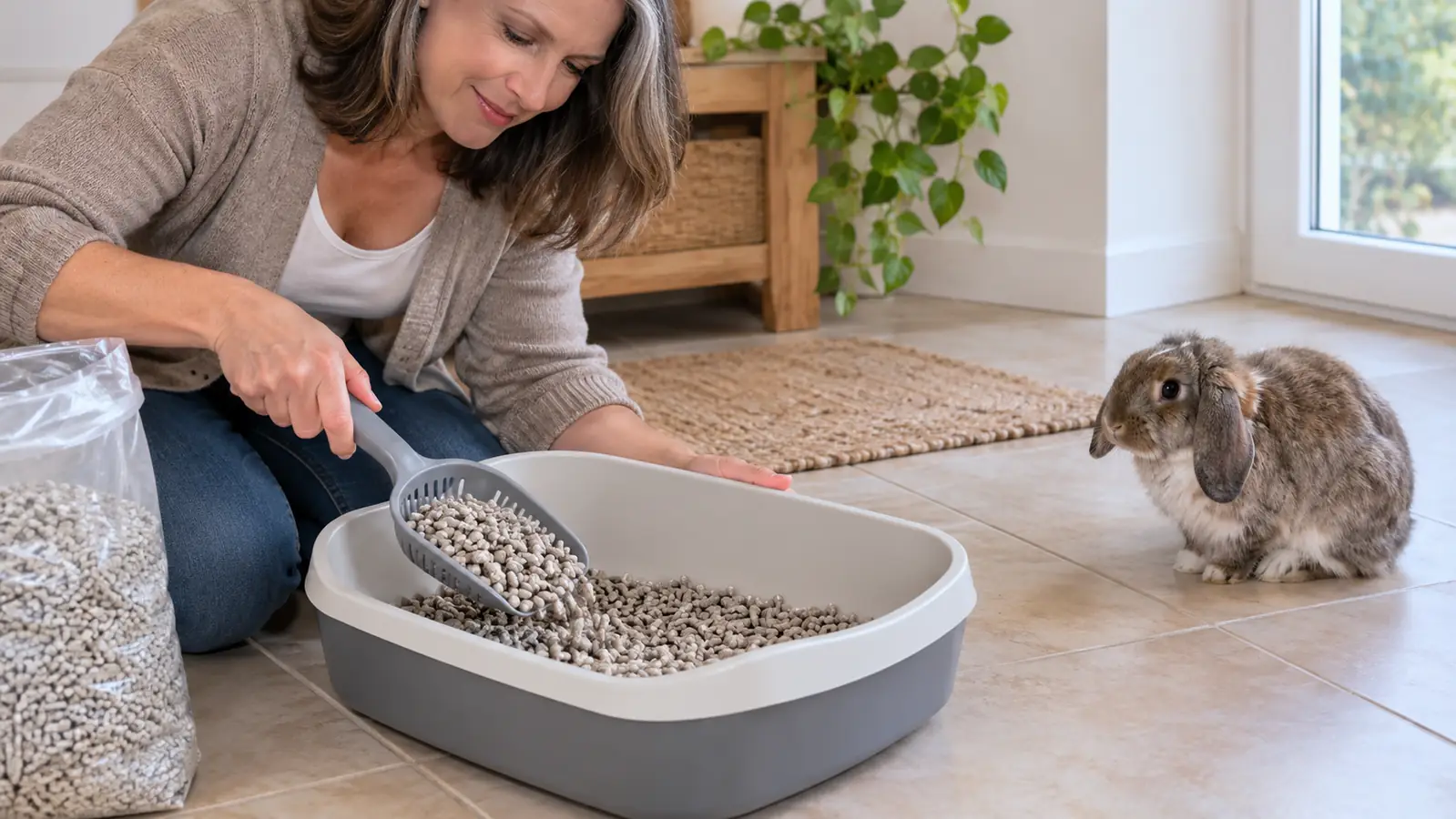 A hand scooping recycled paper pellet litter into a clean litter pan