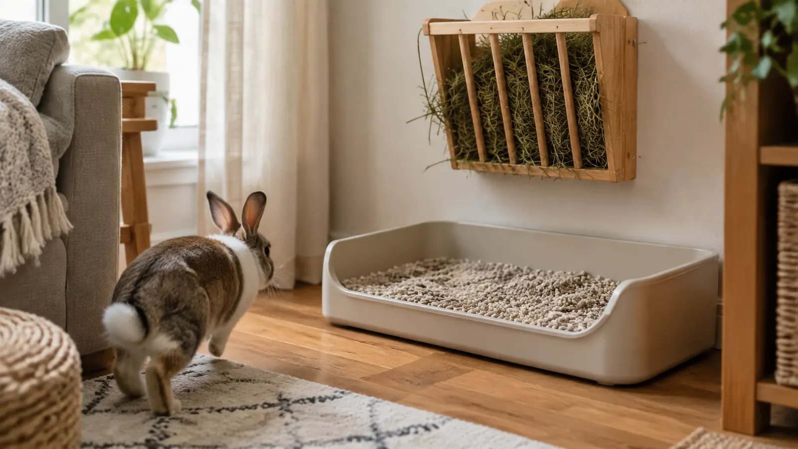 A clean litter pan with fresh paper pellet litter and a hay rack above it in a cozy corner
